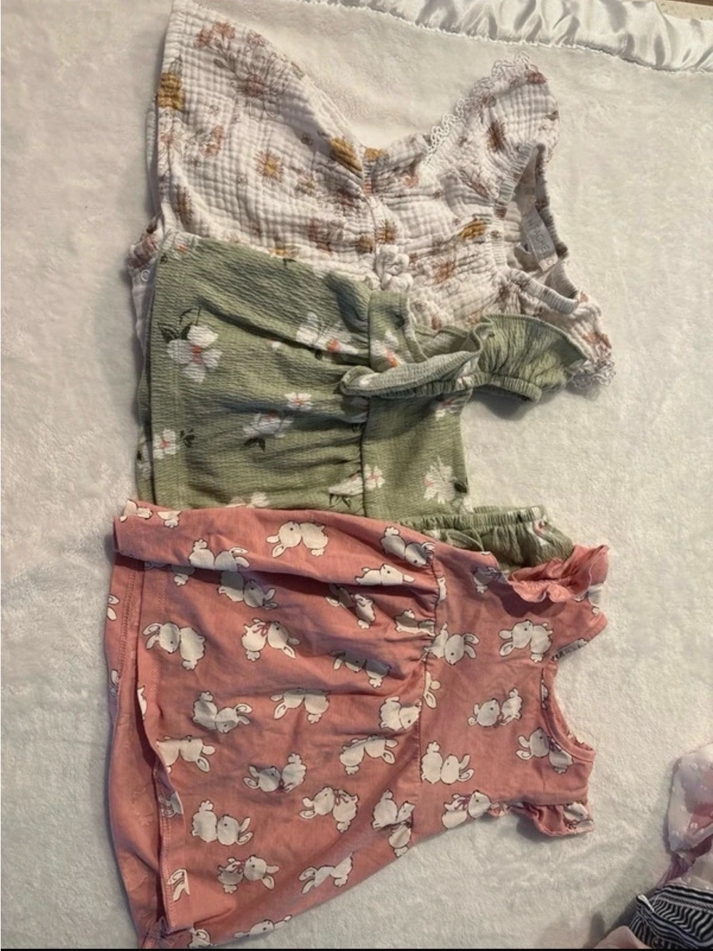 Carter's Pink Bunny Print Sleeveless Romper with Floral Green & Cream Mix
